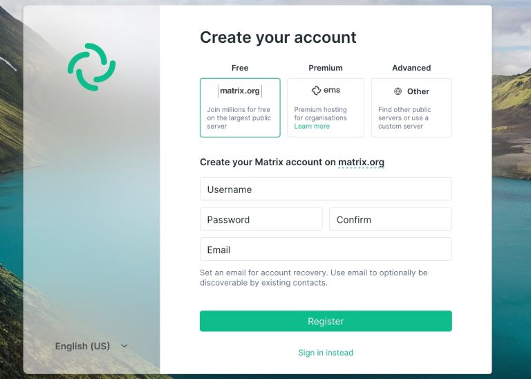 Dialog for creating an account via Element