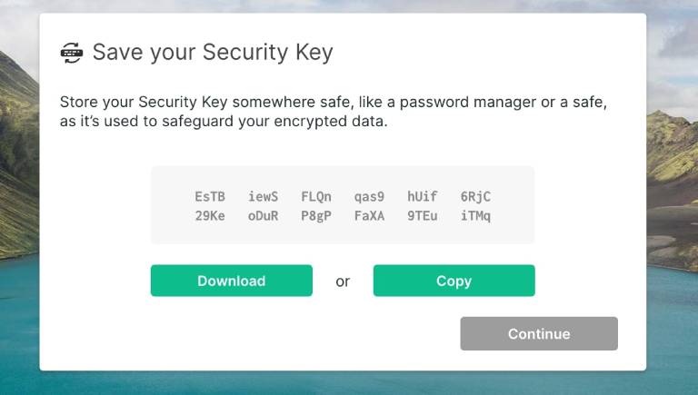 Save your Security Key somewhere safe. We suggest at Bitwarden.com/dln