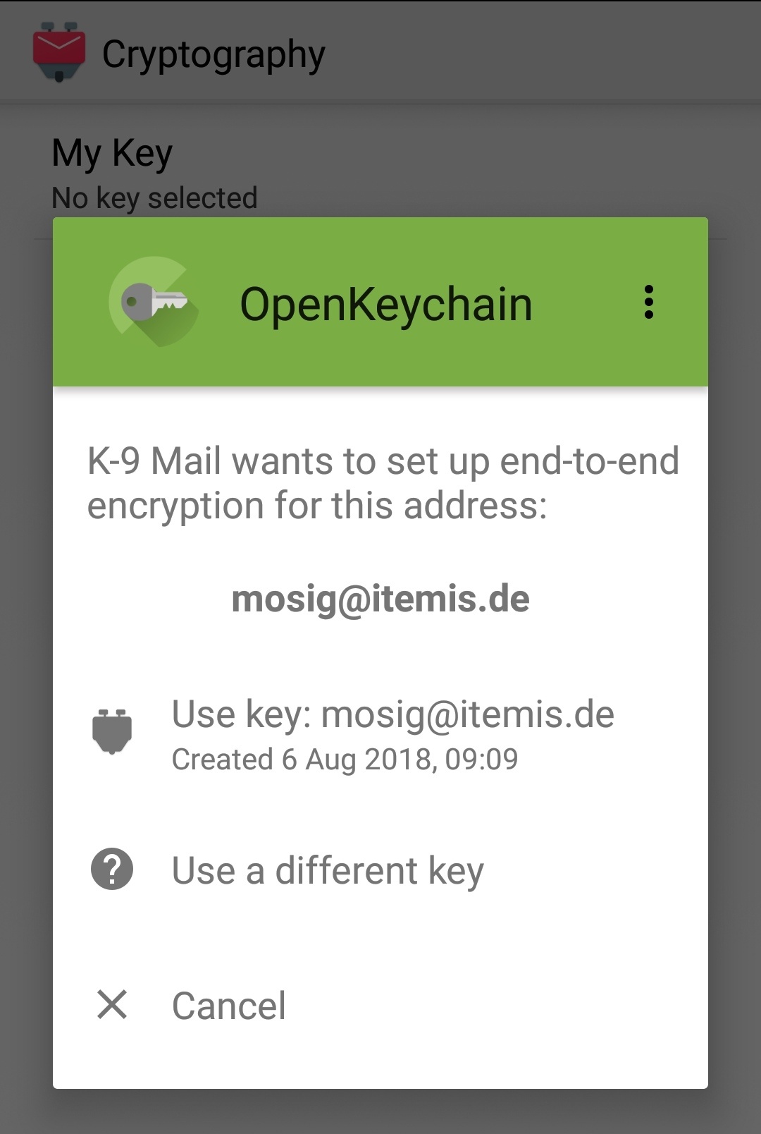 K-9 Mail  – selection of private key for the e-mail account
