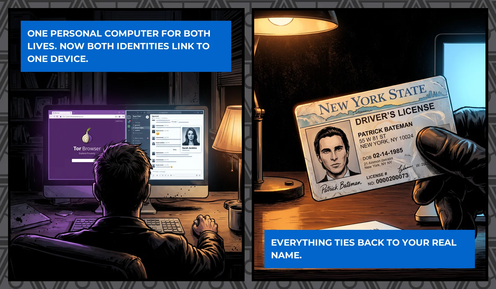 A man at a desk with an anonymous browser open next to his personal social media, and a driver's licence held up beside the same screen.