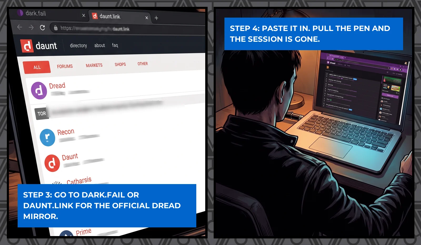 A browser showing verified dark.fail and daunt.link directory tabs, and a man reading the forum on a laptop with the Zero Trace Pen plugged in.